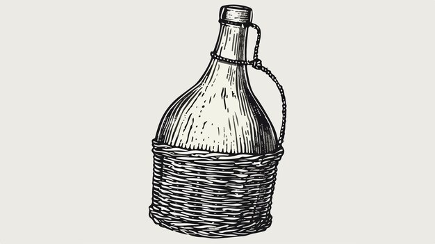 Vecteur bouteille de vin vintage dans un panier en osier avec un dessin à éclosion mono vectorielle gris