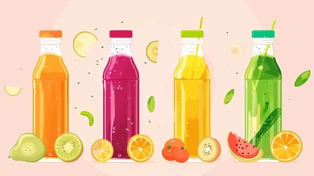 Vecteur des bouteilles de jus frais et sains avec des fruits et des légumes