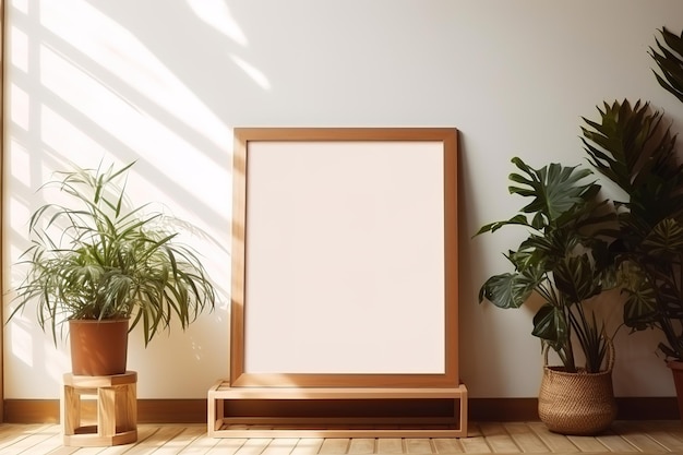 Vecteur un cadre en bois avec des plantes et une image de plantes sur le mur