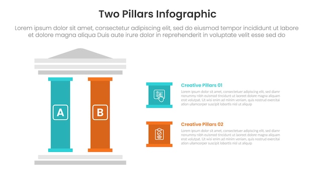 Vecteur cadre à deux piliers avec une infographie de construction classique ancienne avec un modèle d'étape en deux points avec une colonne de gauche et une description de boîte créative pour la présentation de diapositives