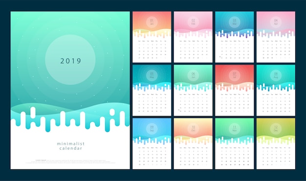 Vecteur calendrier 2019 dégradés avec style de couleur pastel