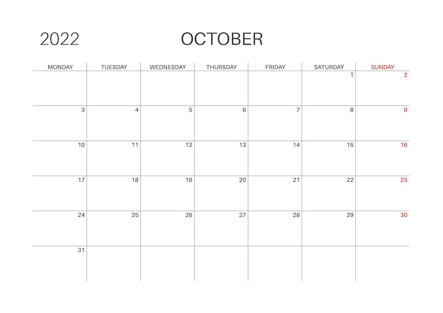 Calendrier 2022. Mois d'octobre. Lundi début de semaine. Modèle de calendrier imprimable pour les planificateurs. Numéro de semaine. Style minimaliste.