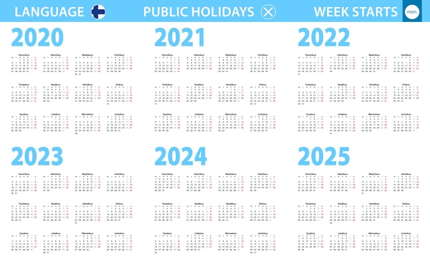 Calendrier en finnois pour les années 2020, 2021, 2022, 2023, 2024, 2025. La semaine commence à partir de lundi.