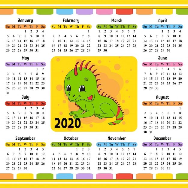 Calendrier pour 2020 avec un personnage mignon.