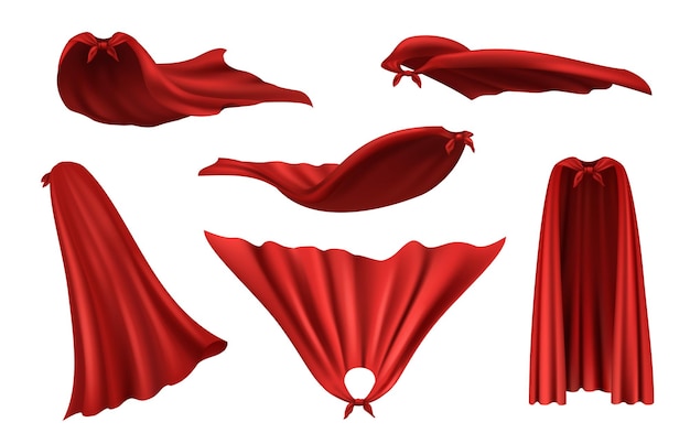 Cape de super-héros Imperméable à la mode rouge à partir de costumes de vêtements en textile de soie avec des plis Ensemble d'images réalistes vectorielles décentes