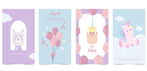 Carte d'invitation de baby shower pour fille avec ballon cloudsky pinkunicorn