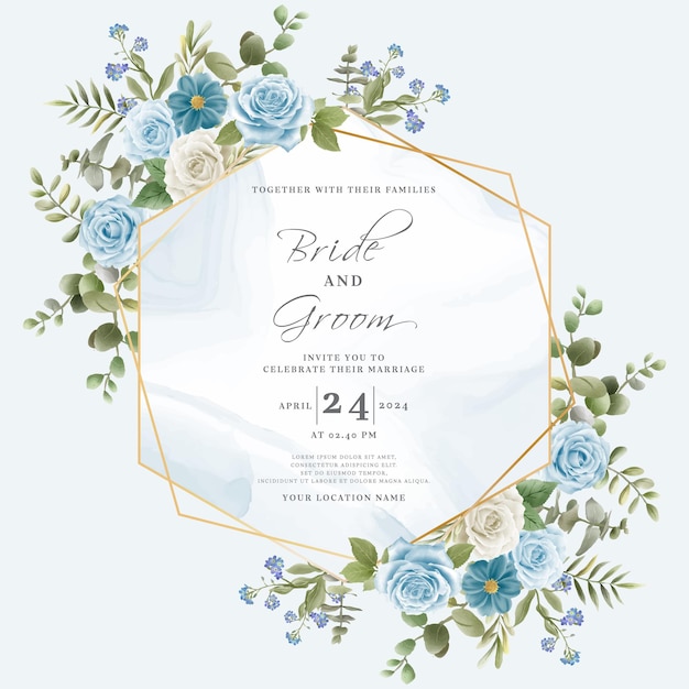 Carte d'invitation de mariage élégante avec rose blanche et bleue dessinée à la main