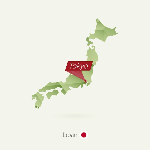 Carte low poly dégradé vert du Japon avec la capitale Tokyo