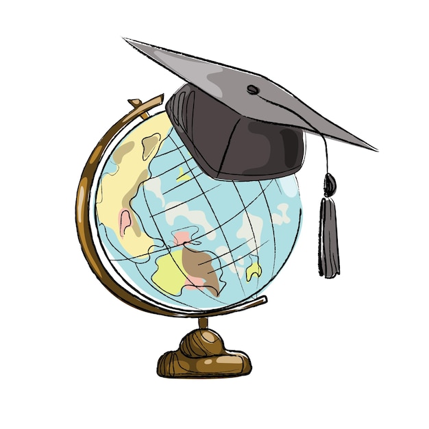 Chapeau de graduation sur globe vector illustrationhand dessin dans le style de croquis de dessin animé isolé sur blanc