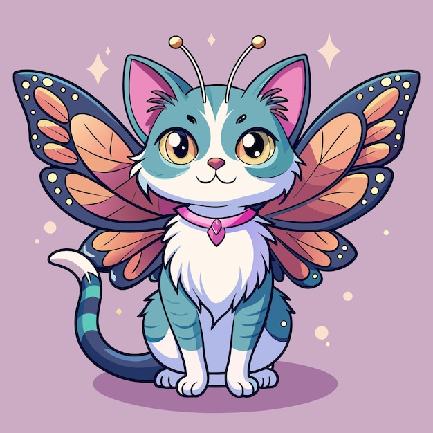 Un chat adorable dans des ailes de papillon de fantaisie Art de style dessin animé