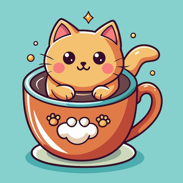 Le chat de dessin animé câliné dans un vecteur de tasse de café réconfortant