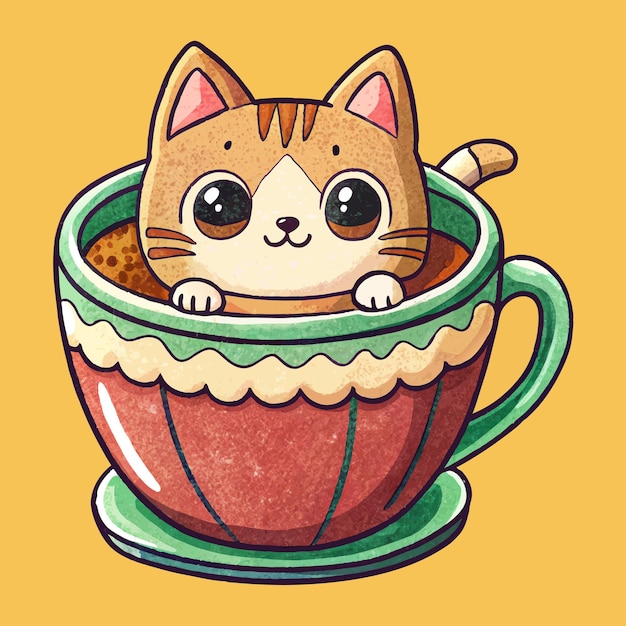 Un chaton adorable dans une tasse de café réconfortante Vector de dessins animés