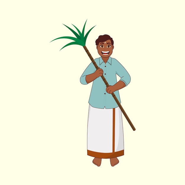 Cheerful South Indian Man Holding Sugarcane sur fond jaune pastel