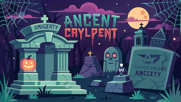 Vecteur un cimetière effrayant avec des pierres tombales une lanterne un fantôme et une pleine lune il se lit "ancien caylpentquot" dans le ciel