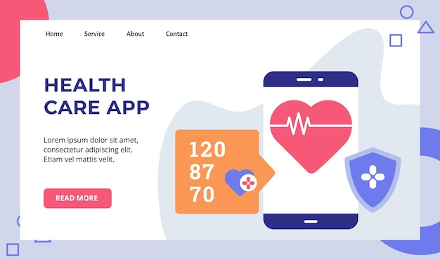 Cœur de l'application de soins de santé sur la campagne de garde de bouclier d'écran du smartphone pour la page d'accueil du site Web