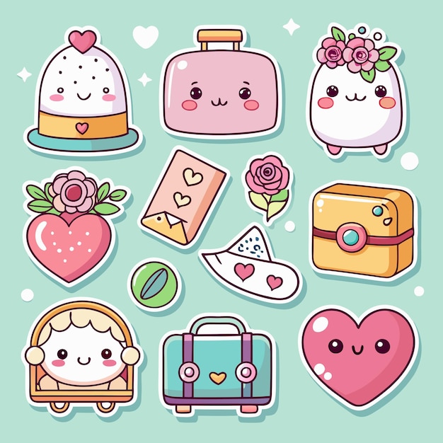 Vecteur une collection d'autocollants mignons avec des cœurs, des fleurs, des bagages et d'autres objets chaque autocollant présente un personnage de dessin animé avec une expression heureuse