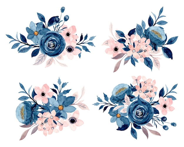 Collection de bouquet floral rose indigo bleu avec aquarelle