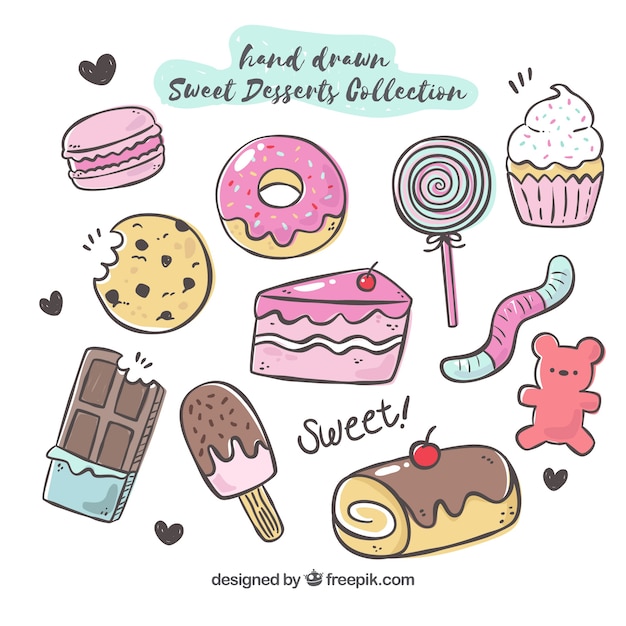 Collection de desserts sucrés dans un style dessiné à la main