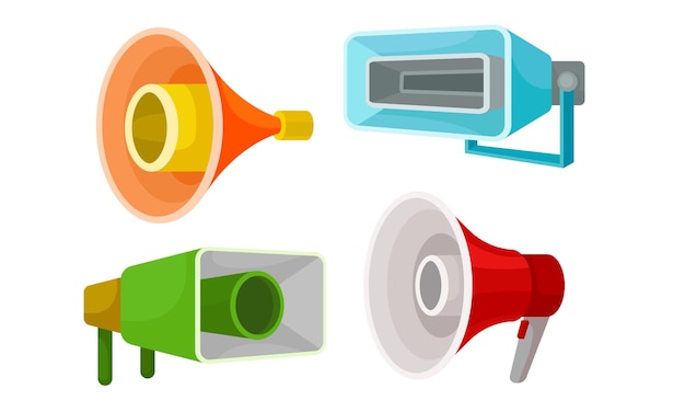 Vecteur la collection de haut-parleurs, les mégaphones colorés, les megaphones, le symbole de la promotion, l'annonce de la publicité.