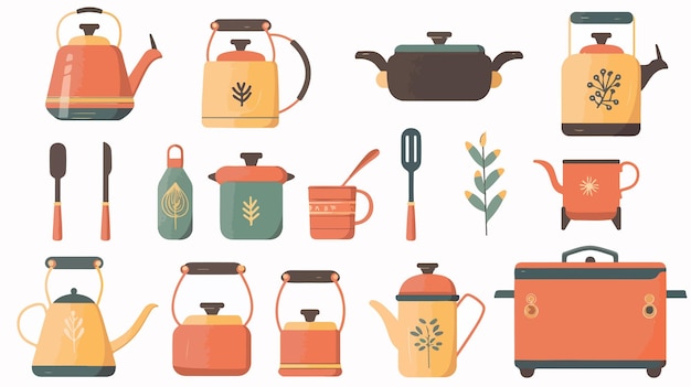 Vecteur une collection d'illustrations de pots et de casseroles de différentes couleurs