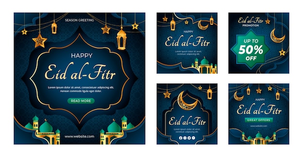 Collection de publications instagram de style papier eid al-fitr