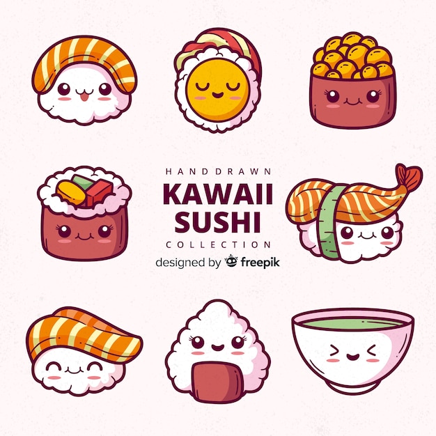 Collection de sushis kawaii dessinés à la main