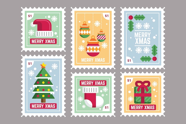 Vecteur collection de timbres de noël design plat