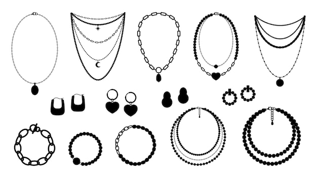 Vecteur colliers boucles d'oreilles et bracelets silhouettes noires perles chaînes et colliers collection de vecteurs décoratifs de bijoux