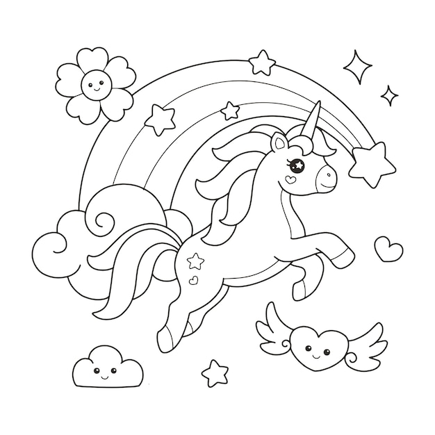 Coloriage Licorne mignonne sautant par-dessus l'arc-en-ciel