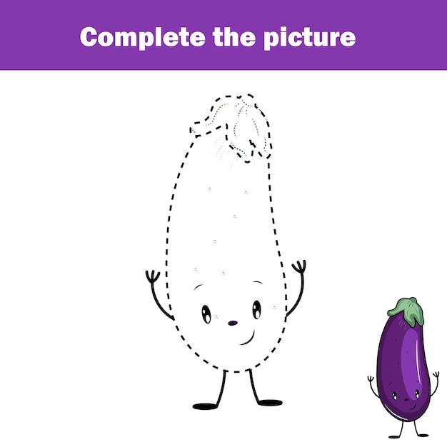 Complétez l'image jeu éducatif pour enfants Coloriage Feuille d'activité pour enfants avec aubergine Feuille de dessin imprimable