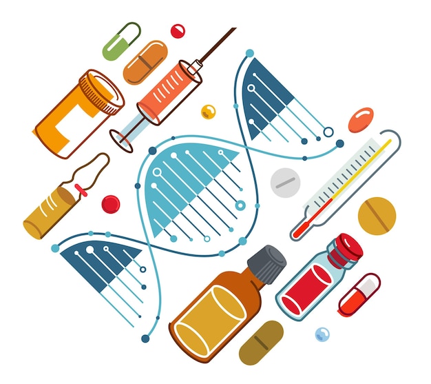 Vecteur composition de thème médical à base de brins d'adn avec de nombreux médicaments et médicaments différents, illustration vectorielle isolée, pharmacie ou recherche scientifique en biotechnologie médicale.