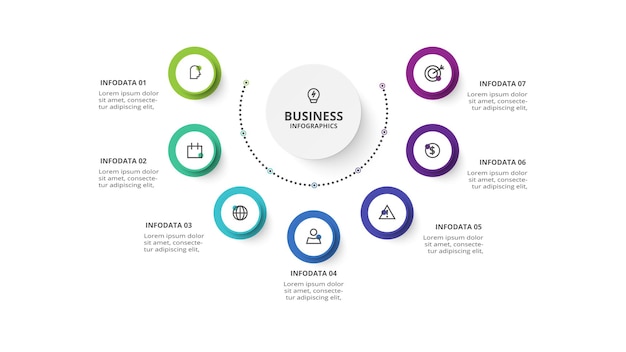 Concept créatif pour l'infographie avec 7 étapes options pièces ou processus Visualisation des données d'entreprise