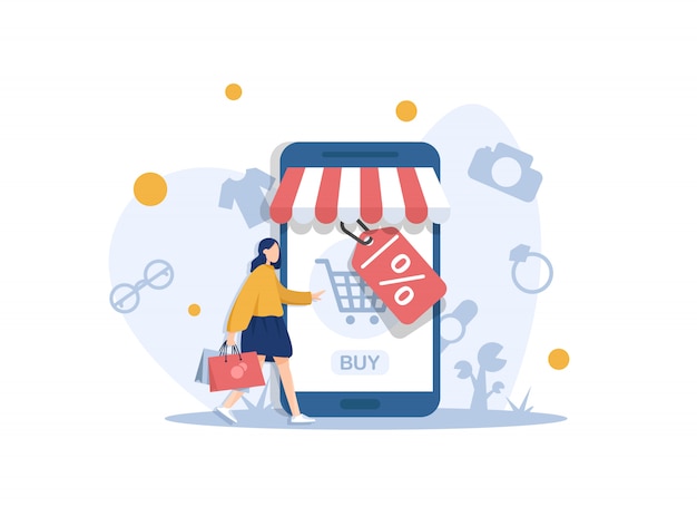 Concept de design plat moderne de shopping en ligne avec de petites personnes, développement de sites Web mobiles. Conception UI et UX