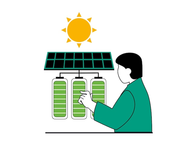 Concept d'énergie verte avec situation de caractère Un homme respectueux de l'environnement utilise des panneaux solaires pour charger des batteries et des sources d'énergie alternatives Illustration vectorielle avec scène de personnes au design plat pour le web