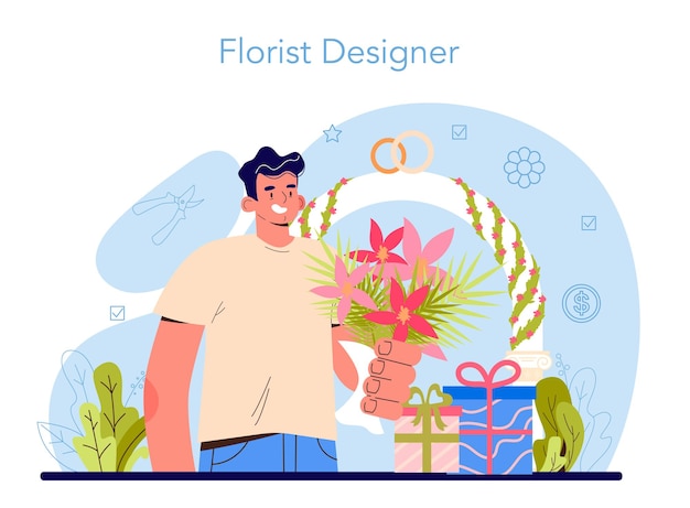 Concept de fleuriste concepteur floral faisant ou organisant un bouquet pour