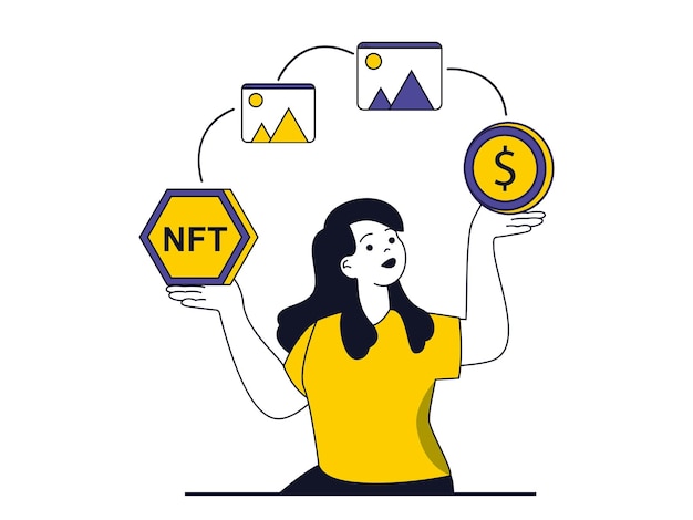 Concept de jeton NFT avec situation de personnage Une femme effectue une transaction en ligne avec une crypto-monnaie et achète de l'art numérique avec la technologie NFT Illustration vectorielle avec scène de personnes au design plat pour le web