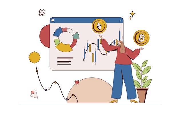 Concept de marché de la cryptographie avec situation de caractère au design plat Femme analyse les données de différents échanges en ligne et gère les portefeuilles de crypto-monnaie Illustration vectorielle avec scène de personnes pour le web