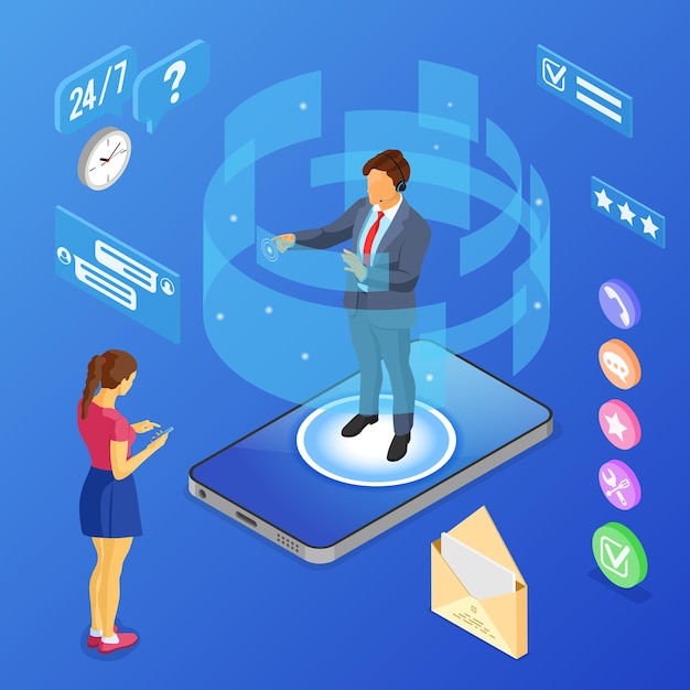 Concept de support client isométrique en ligne. Centre d'appels mobile avec consultant homme, casque, évaluation, téléphone mobile.