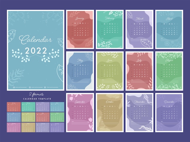 Vecteur conception de modèle de calendrier annuel 2022 avec des feuilles dans un style multicolore abstrait. deux formats.