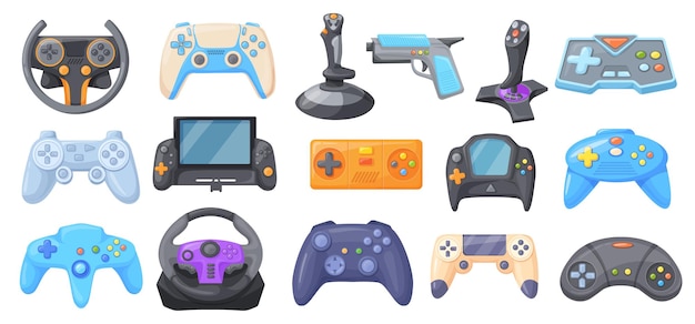 Vecteur contrôleurs de dessins animés de jeux vidéo joystick de jeu de console et contrôleur de jeu de jeux de loisirs télécommande ou gamepad sans fil pour jeux informatiques illustration vectorielle propre