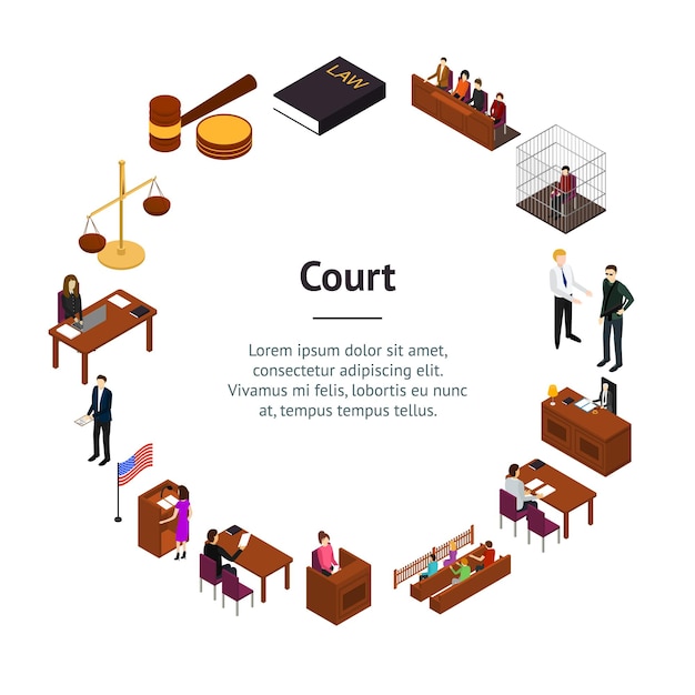 Vecteur cour session droit et justice concept bannière carte cercle 3d vue isométrique inclure du juge avocat jury défendeur et témoin illustration vectorielle