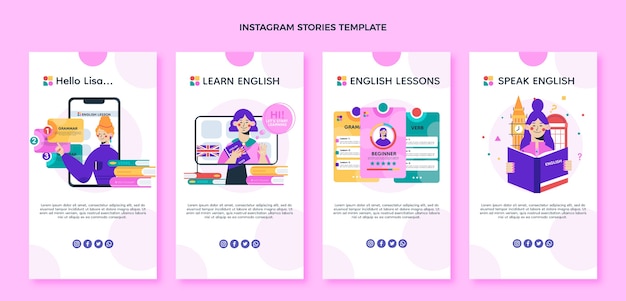 Cours d'anglais design plat histoires instagram