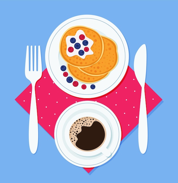 Crêpes de petit-déjeuner sur une assiette, avec une fourchette et un couteau et une tasse de café sur une serviette. Illustration vectorielle dans un style plat