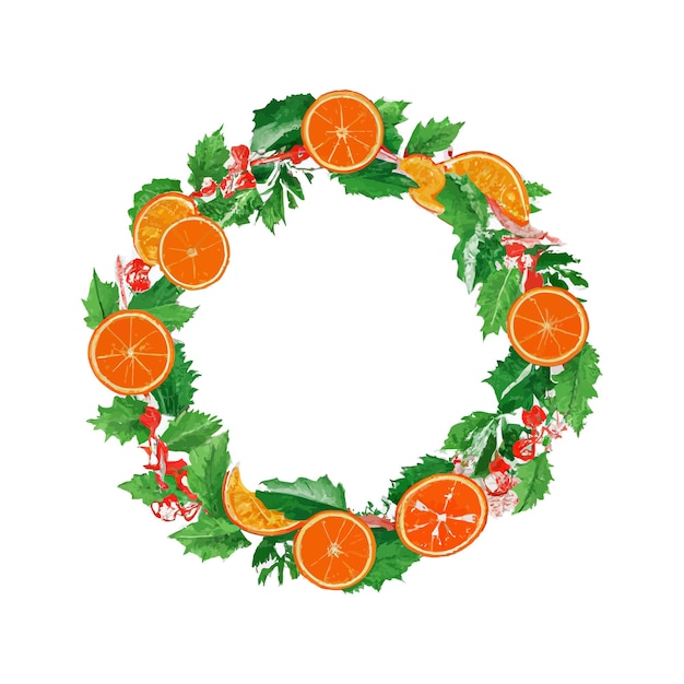 Décoration de Noël. Cadre rond avec feuilles de houx, oranges et branches de gui