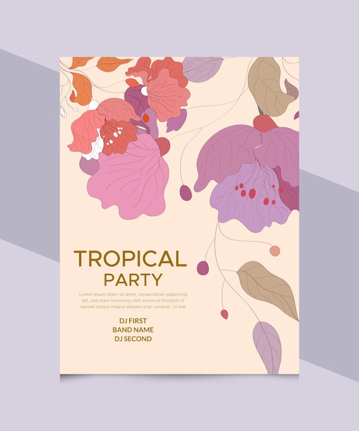 Un dépliant pour une fête tropicale avec des fleurs en bas.