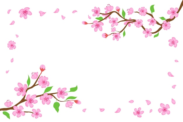 Dessin animé fleur de cerisier japonais et fond de pétales tombant. Branches de Sakura avec bannière de fleurs roses Cadre vectoriel d'arbre de printemps en fleurs. Plante traditionnelle japonaise avec de beaux bourgeons