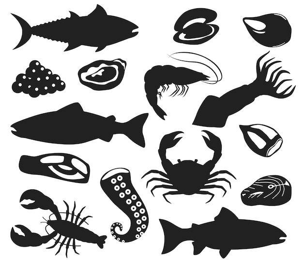 Dessin animé fruits de mer poisson frais saumon poulpe crevettes calmar isolé vecteurs Silhouettes