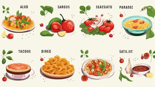 Vecteur un dessin animé de légumes et de fruits avec les mots savour sur eux