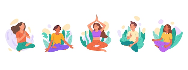 Dessin animé méditant des personnages de personnes relaxantes pratiquant le yoga illustration vectorielle plane