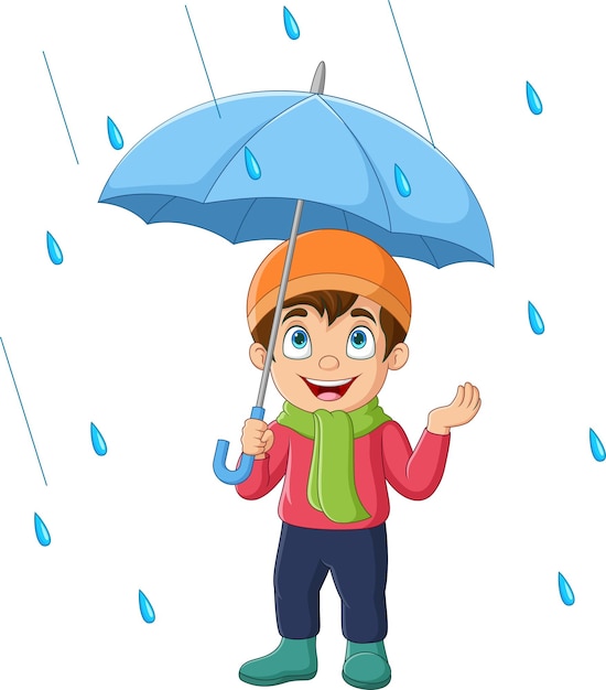 Dessin animé petit garçon tenant un parapluie sous la pluie